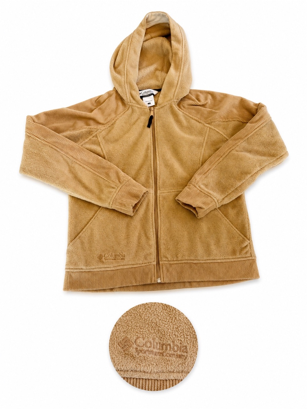 Columbia Y2K Tan Hooded Fleece Full Zip Jacket Women’s Large